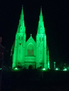 Armagh Cathedral lit up green for St Patrick's Day